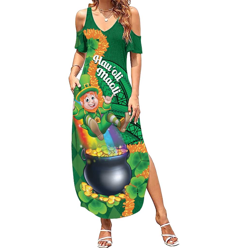 St Patrick's Day Hawaii Family Matching Summer Maxi Dress and Hawaiian Shirt Hauoli Maoli Funny Shaka Leprechaun LT14 Mom's Dress Green - Polynesian Pride