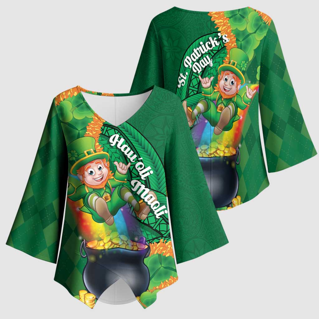 St Patrick's Day Hawaii Kimono Sleeve Blouse Hauoli Maoli Funny Shaka Leprechaun