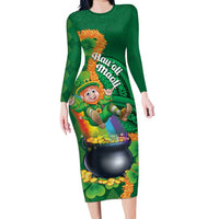 St Patrick's Day Hawaii Long Sleeve Bodycon Dress Hauoli Maoli Funny Shaka Leprechaun LT14 Long Dress Green - Polynesian Pride