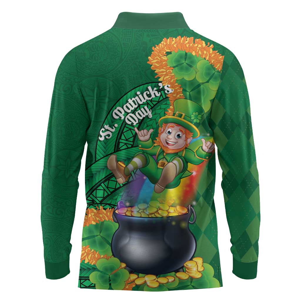 St Patrick's Day Hawaii Long Sleeve Polo Shirt Hauoli Maoli Funny Shaka Leprechaun