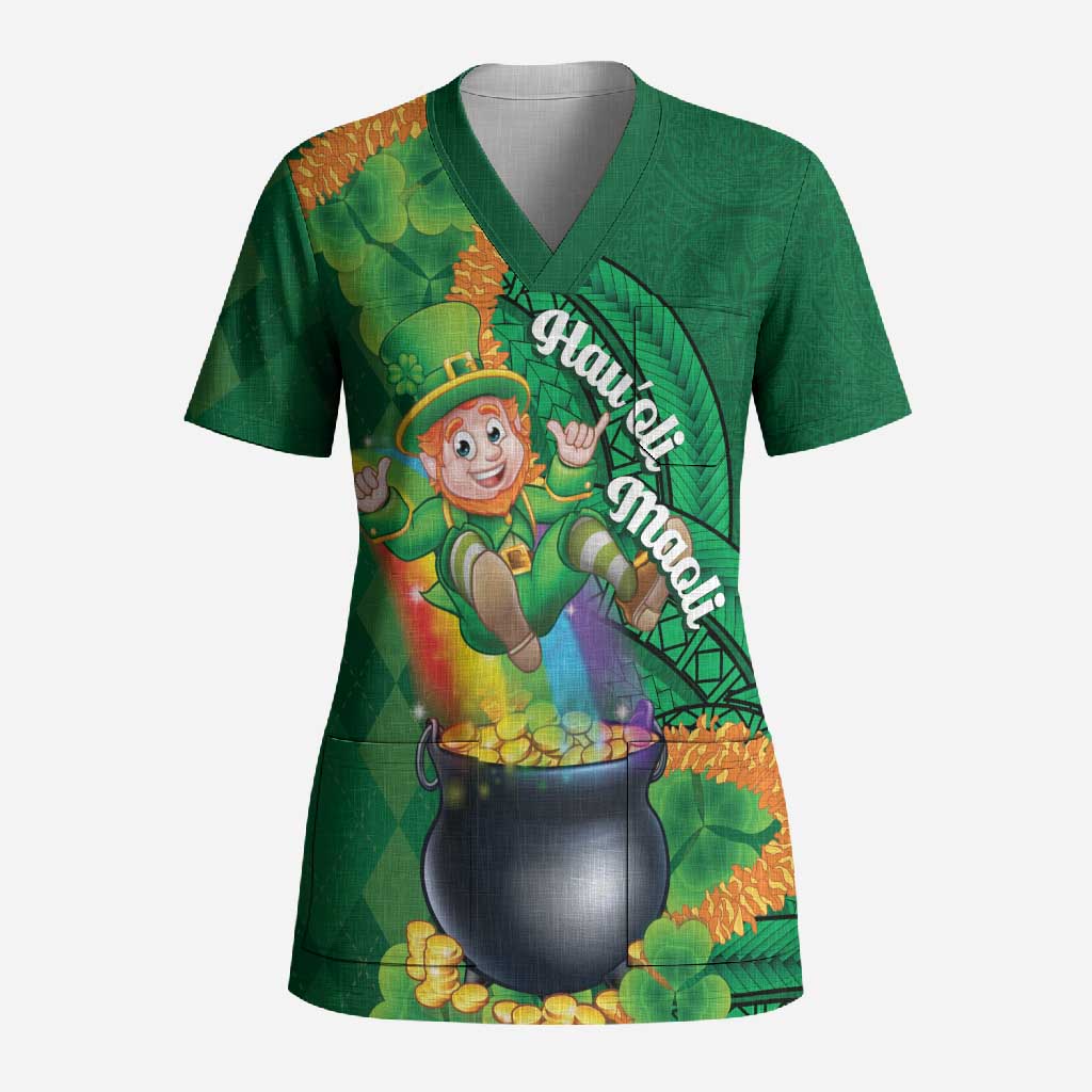 St Patrick's Day Hawaii Scrub Top Hauoli Maoli Funny Shaka Leprechaun