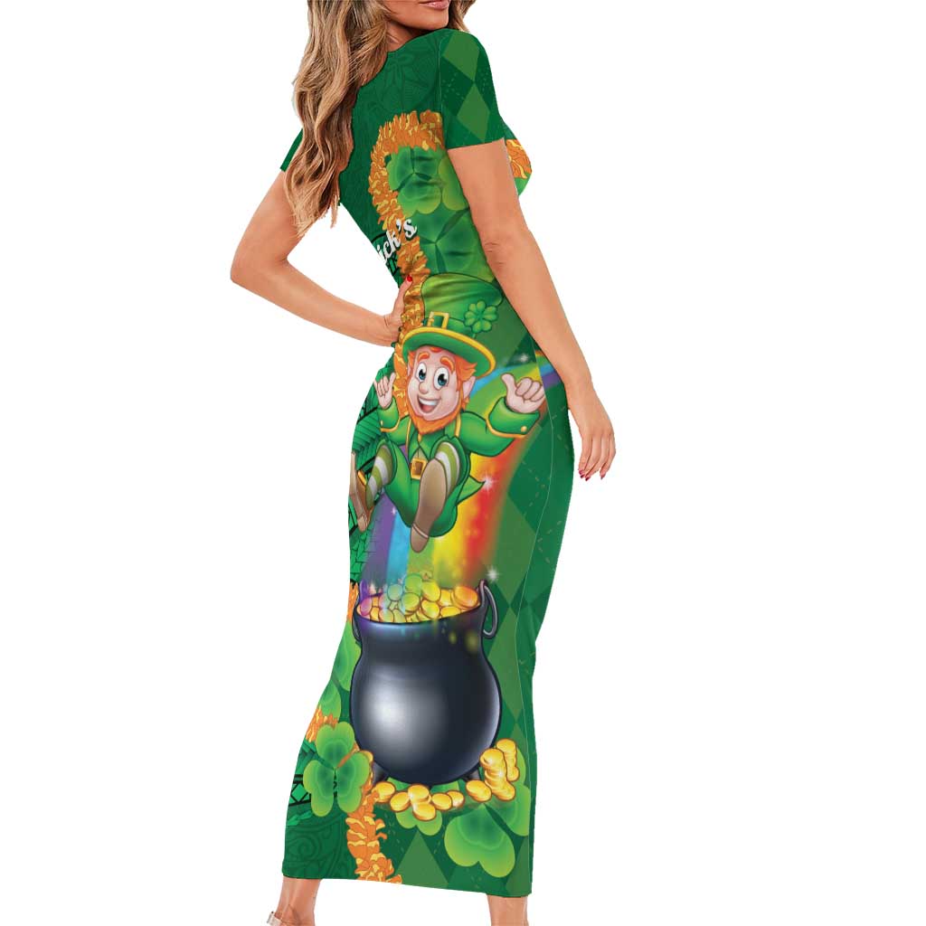St Patrick's Day Hawaii Short Sleeve Bodycon Dress Hauoli Maoli Funny Shaka Leprechaun LT14 - Polynesian Pride