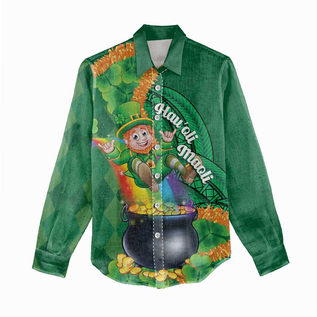 St Patrick's Day Hawaii Women Casual Shirt Hauoli Maoli Funny Shaka Leprechaun LT14 - Polynesian Pride