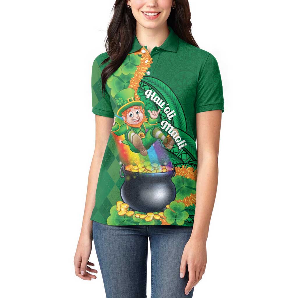 St Patrick's Day Hawaii Women Polo Shirt Hauoli Maoli Funny Shaka Leprechaun LT14 - Polynesian Pride