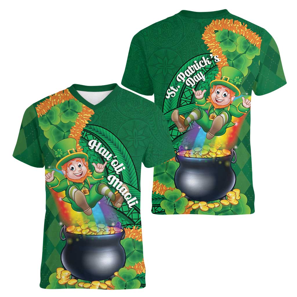St Patrick's Day Hawaii Women V-Neck T-Shirt Hauoli Maoli Funny Shaka Leprechaun LT14 - Polynesian Pride