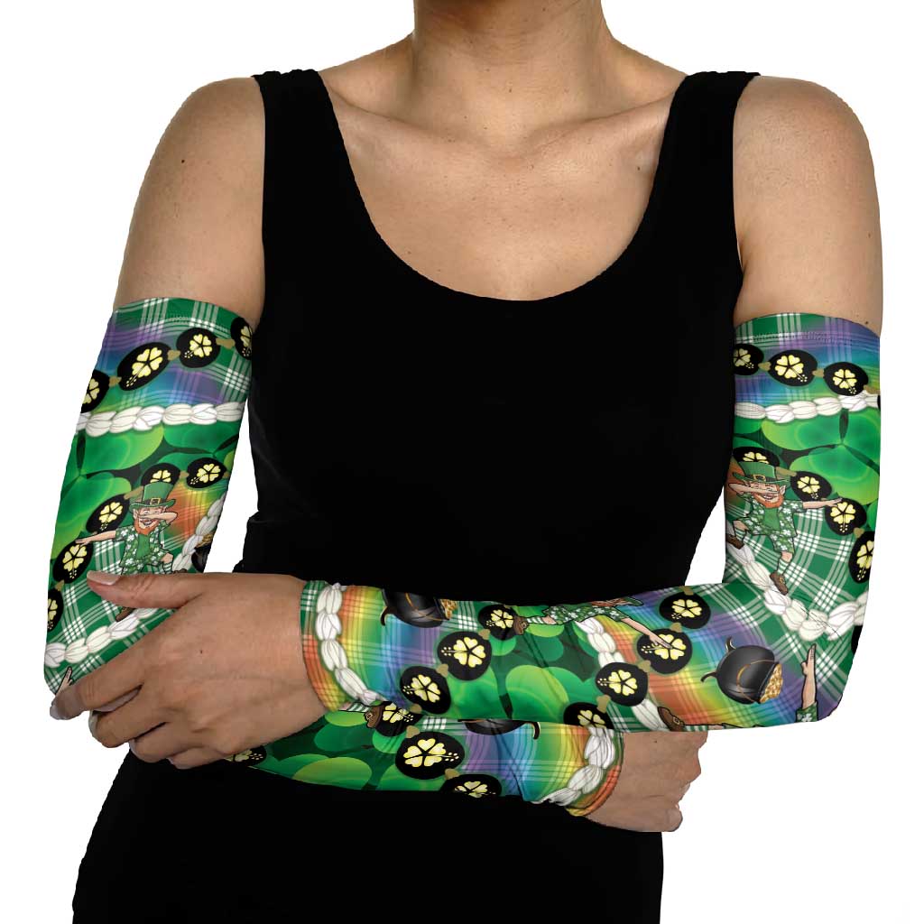 St Patrick's Day Palaka Hawaii Arm Sleeves Kukui Nut Pikake Lei Shamrock Dabbing Leprechaun