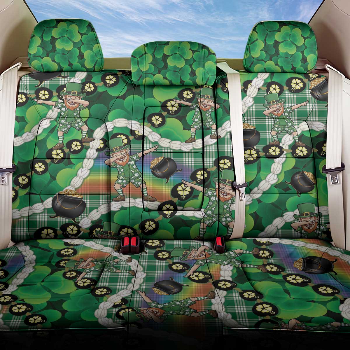 St Patrick's Day Palaka Hawaii Back Car Seat Cover Kukui Nut Pikake Lei Shamrock Dabbing Leprechaun LT14 One Size Green - Polynesian Pride