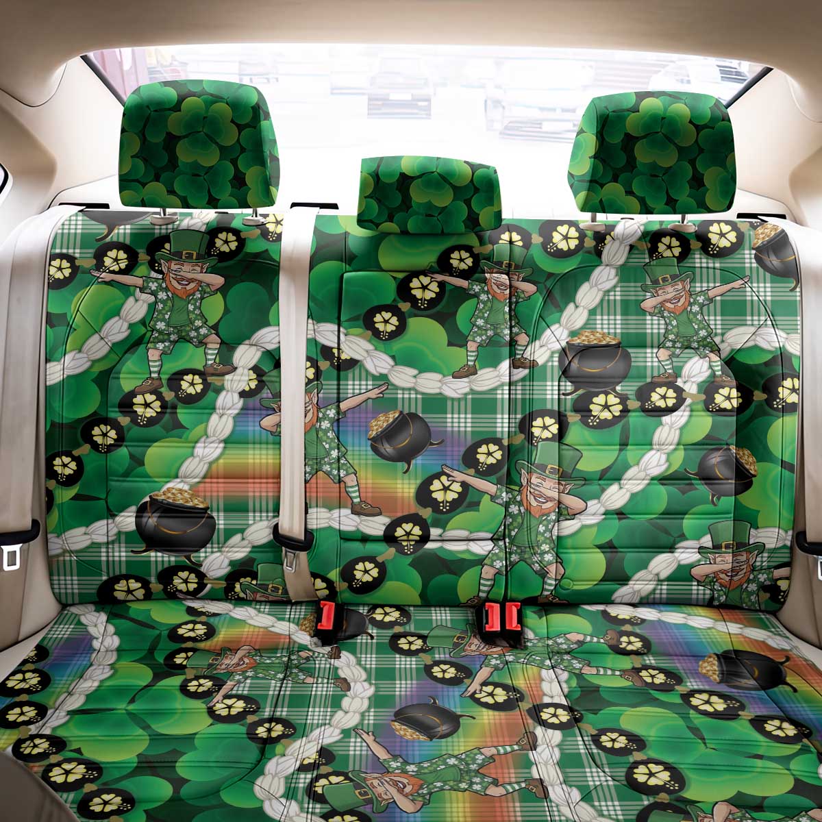 St Patrick's Day Palaka Hawaii Back Car Seat Cover Kukui Nut Pikake Lei Shamrock Dabbing Leprechaun LT14 - Polynesian Pride