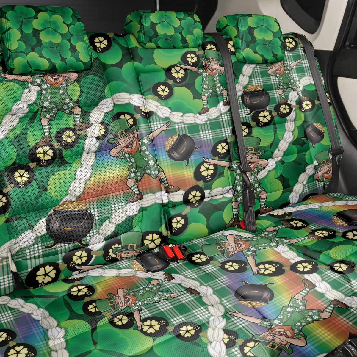St Patrick's Day Palaka Hawaii Back Car Seat Cover Kukui Nut Pikake Lei Shamrock Dabbing Leprechaun LT14 - Polynesian Pride