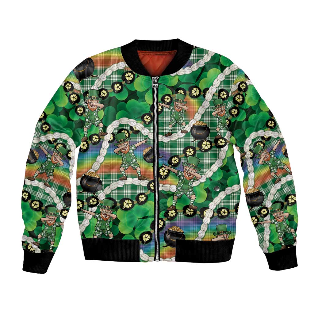 St Patrick's Day Palaka Hawaii Bomber Jacket Kukui Nut Pikake Lei Shamrock Dabbing Leprechaun