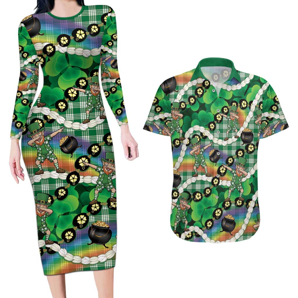 St Patrick's Day Palaka Hawaii Couples Matching Long Sleeve Bodycon Dress and Hawaiian Shirt Kukui Nut Pikake Lei Shamrock Dabbing Leprechaun