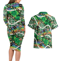 St Patrick's Day Palaka Hawaii Couples Matching Long Sleeve Bodycon Dress and Hawaiian Shirt Kukui Nut Pikake Lei Shamrock Dabbing Leprechaun LT14 - Polynesian Pride
