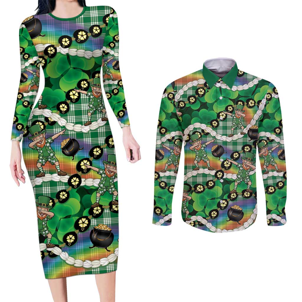 St Patrick's Day Palaka Hawaii Couples Matching Long Sleeve Bodycon Dress and Long Sleeve Button Shirt Kukui Nut Pikake Lei Shamrock Dabbing Leprechaun LT14 Green - Polynesian Pride
