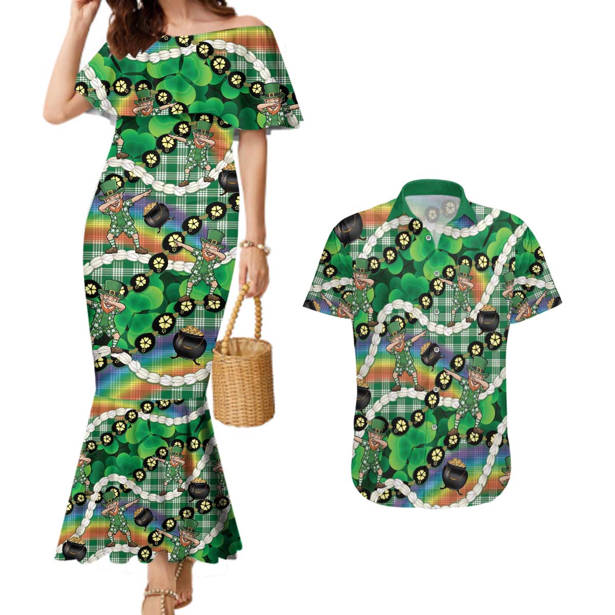 St Patrick's Day Palaka Hawaii Couples Matching Mermaid Dress and Hawaiian Shirt Kukui Nut Pikake Lei Shamrock Dabbing Leprechaun