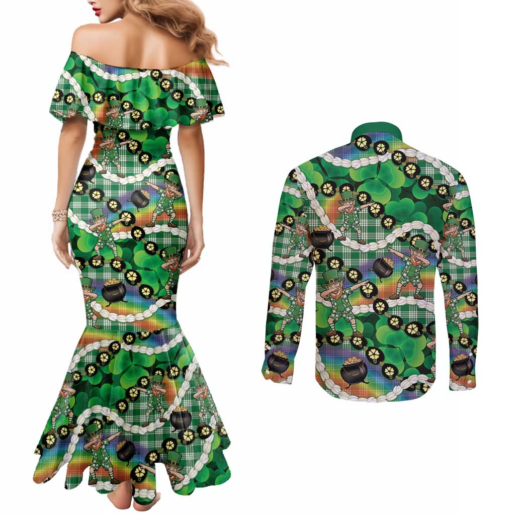 St Patrick's Day Palaka Hawaii Couples Matching Mermaid Dress and Long Sleeve Button Shirt Kukui Nut Pikake Lei Shamrock Dabbing Leprechaun LT14 - Polynesian Pride