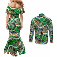 St Patrick's Day Palaka Hawaii Couples Matching Mermaid Dress and Long Sleeve Button Shirt Kukui Nut Pikake Lei Shamrock Dabbing Leprechaun LT14 - Polynesian Pride