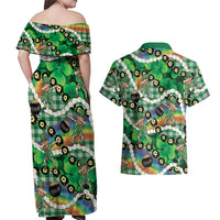 St Patrick's Day Palaka Hawaii Couples Matching Off Shoulder Maxi Dress and Hawaiian Shirt Kukui Nut Pikake Lei Shamrock Dabbing Leprechaun LT14 - Polynesian Pride