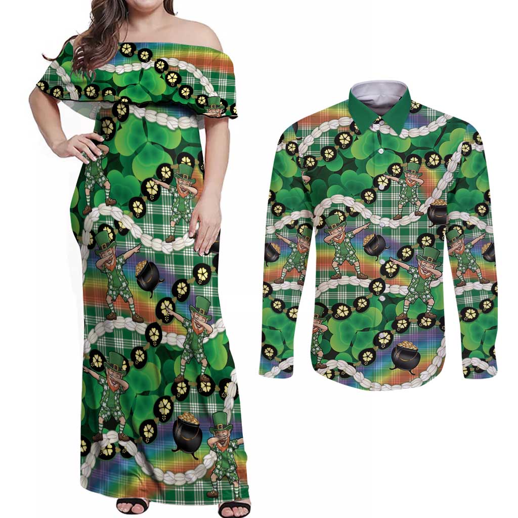 St Patrick's Day Palaka Hawaii Couples Matching Off Shoulder Maxi Dress and Long Sleeve Button Shirt Kukui Nut Pikake Lei Shamrock Dabbing Leprechaun LT14 Green - Polynesian Pride