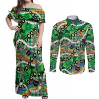 St Patrick's Day Palaka Hawaii Couples Matching Off Shoulder Maxi Dress and Long Sleeve Button Shirt Kukui Nut Pikake Lei Shamrock Dabbing Leprechaun LT14 Green - Polynesian Pride