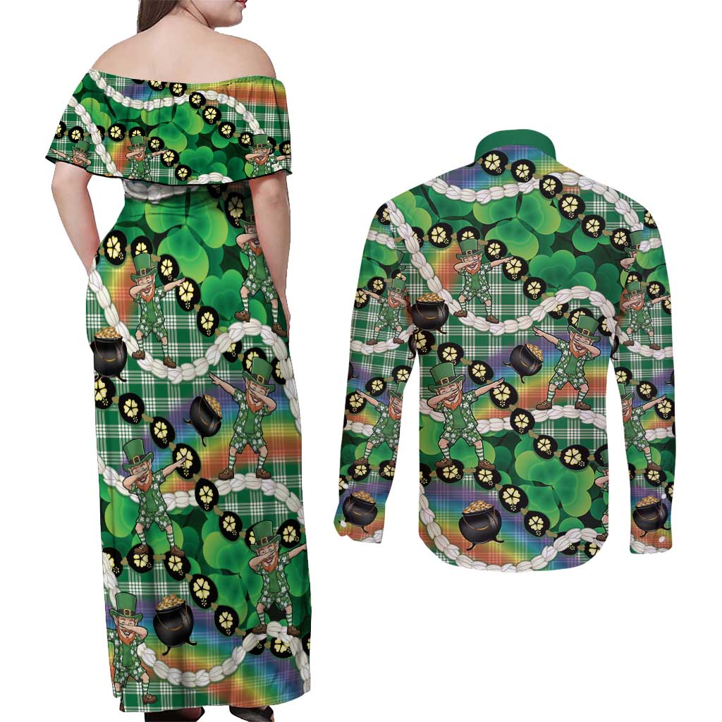 St Patrick's Day Palaka Hawaii Couples Matching Off Shoulder Maxi Dress and Long Sleeve Button Shirt Kukui Nut Pikake Lei Shamrock Dabbing Leprechaun LT14 - Polynesian Pride