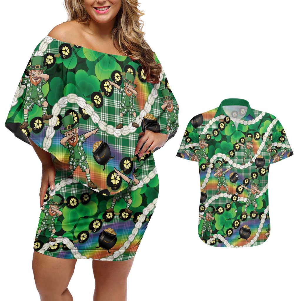 St Patrick's Day Palaka Hawaii Couples Matching Off Shoulder Short Dress and Hawaiian Shirt Kukui Nut Pikake Lei Shamrock Dabbing Leprechaun LT14 Green - Polynesian Pride