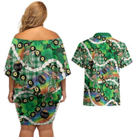 St Patrick's Day Palaka Hawaii Couples Matching Off Shoulder Short Dress and Hawaiian Shirt Kukui Nut Pikake Lei Shamrock Dabbing Leprechaun LT14 - Polynesian Pride