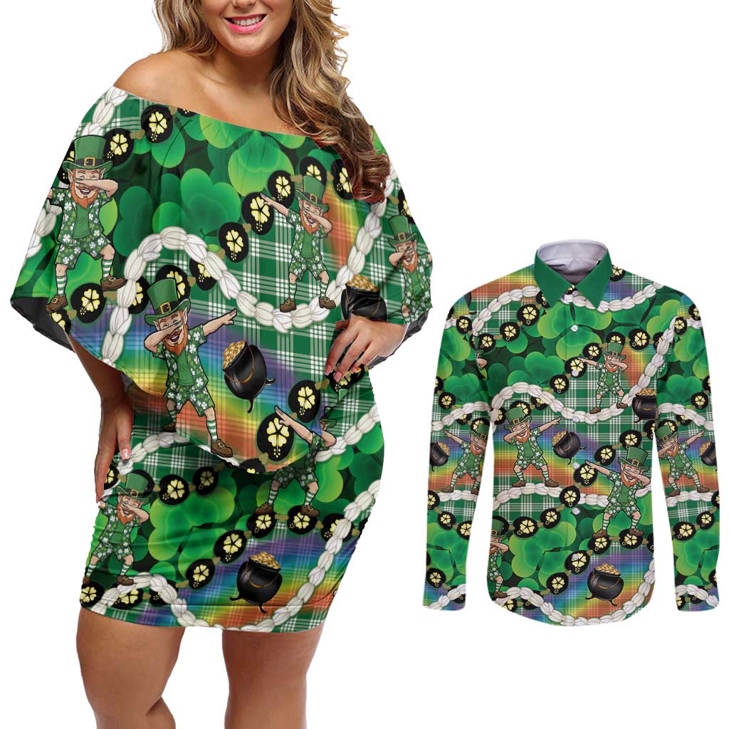 St Patrick's Day Palaka Hawaii Couples Matching Off Shoulder Short Dress and Long Sleeve Button Shirt Kukui Nut Pikake Lei Shamrock Dabbing Leprechaun LT14 Green - Polynesian Pride
