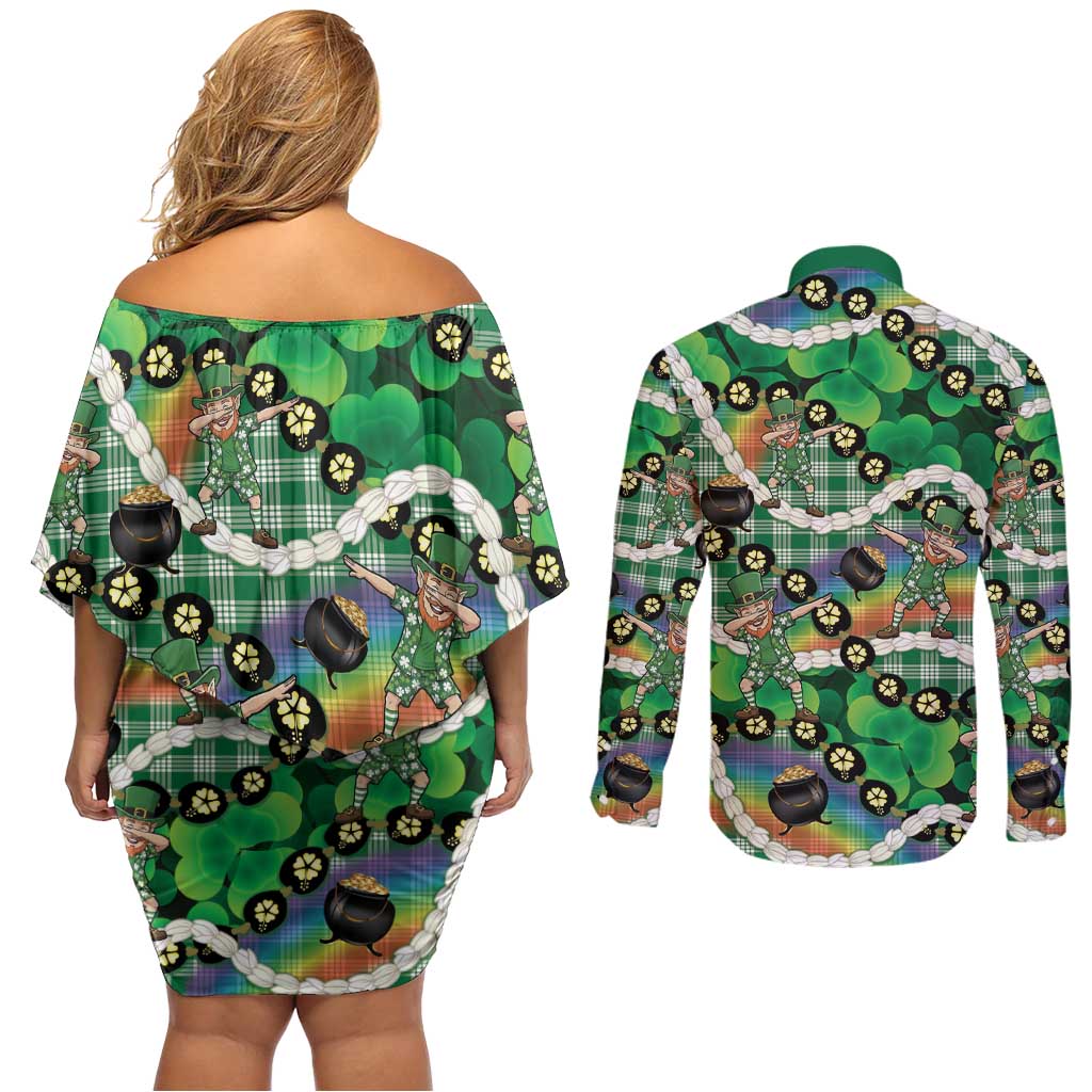 St Patrick's Day Palaka Hawaii Couples Matching Off Shoulder Short Dress and Long Sleeve Button Shirt Kukui Nut Pikake Lei Shamrock Dabbing Leprechaun LT14 - Polynesian Pride