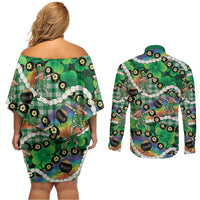 St Patrick's Day Palaka Hawaii Couples Matching Off Shoulder Short Dress and Long Sleeve Button Shirt Kukui Nut Pikake Lei Shamrock Dabbing Leprechaun LT14 - Polynesian Pride