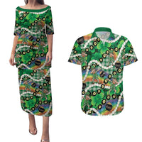 St Patrick's Day Palaka Hawaii Couples Matching Puletasi and Hawaiian Shirt Kukui Nut Pikake Lei Shamrock Dabbing Leprechaun LT14 Green - Polynesian Pride