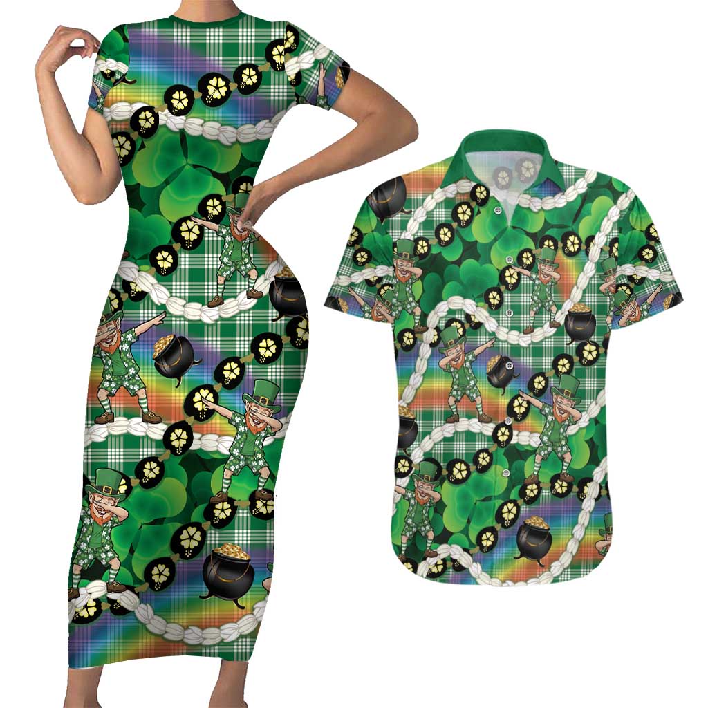 St Patrick's Day Palaka Hawaii Couples Matching Short Sleeve Bodycon Dress and Hawaiian Shirt Kukui Nut Pikake Lei Shamrock Dabbing Leprechaun LT14 Green - Polynesian Pride