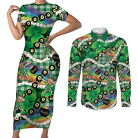 St Patrick's Day Palaka Hawaii Couples Matching Short Sleeve Bodycon Dress and Long Sleeve Button Shirt Kukui Nut Pikake Lei Shamrock Dabbing Leprechaun LT14 Green - Polynesian Pride