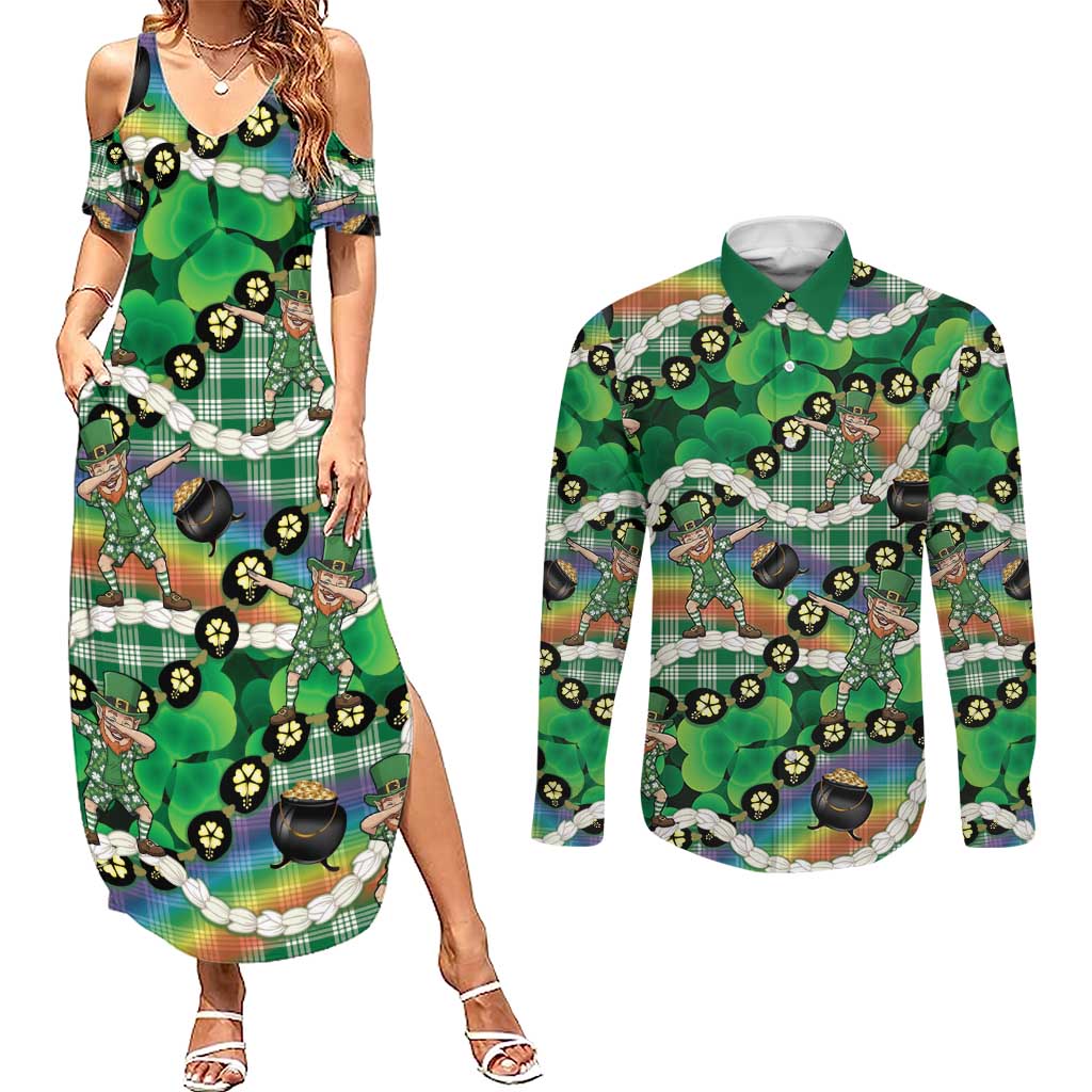 St Patrick's Day Palaka Hawaii Couples Matching Summer Maxi Dress and Long Sleeve Button Shirt Kukui Nut Pikake Lei Shamrock Dabbing Leprechaun LT14 Green - Polynesian Pride