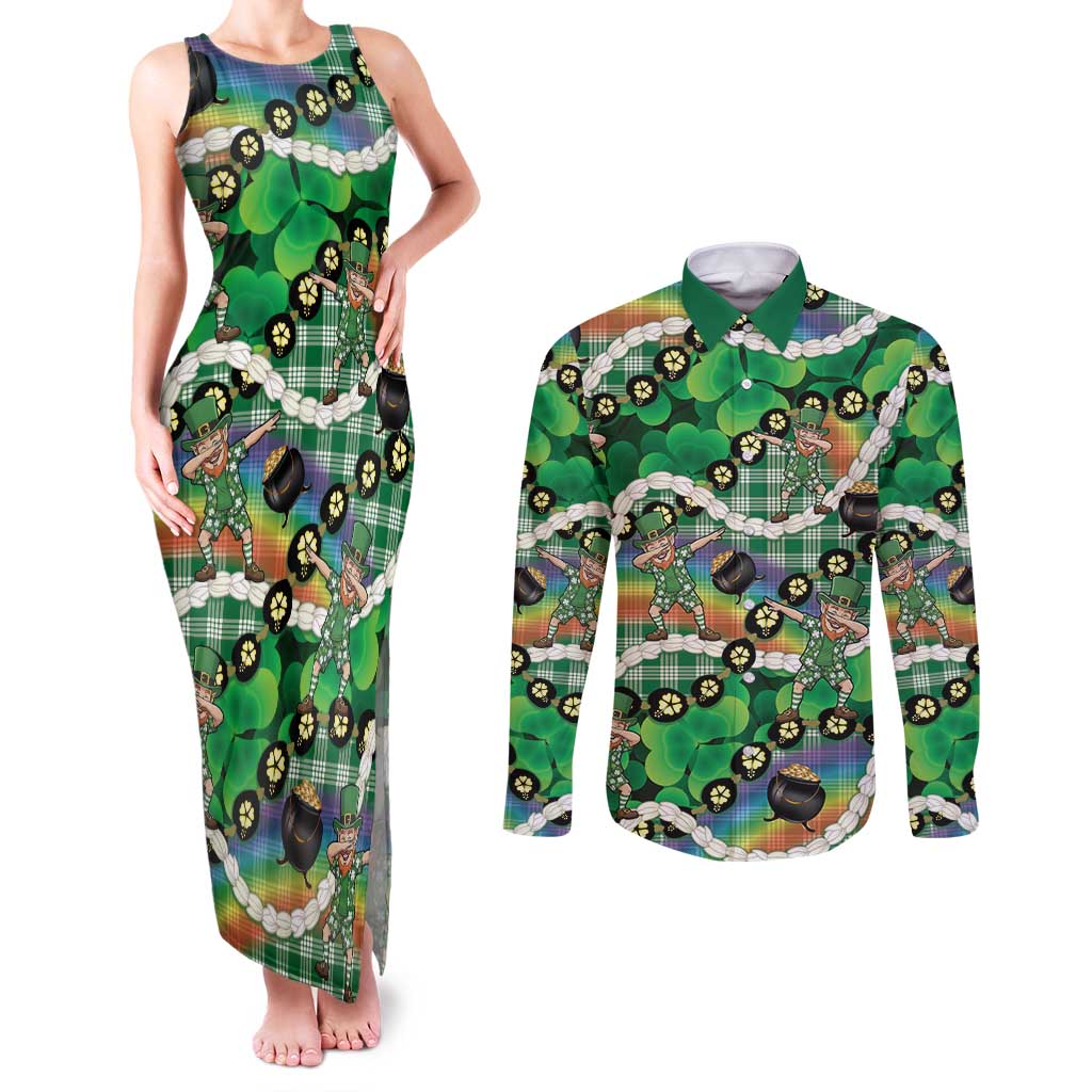 St Patrick's Day Palaka Hawaii Couples Matching Tank Maxi Dress and Long Sleeve Button Shirt Kukui Nut Pikake Lei Shamrock Dabbing Leprechaun LT14 Green - Polynesian Pride