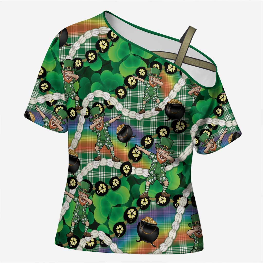St Patrick's Day Palaka Hawaii Cross Shoulder Shirt Kukui Nut Pikake Lei Shamrock Dabbing Leprechaun LT14 Female Green - Polynesian Pride