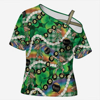 St Patrick's Day Palaka Hawaii Cross Shoulder Shirt Kukui Nut Pikake Lei Shamrock Dabbing Leprechaun LT14 Female Green - Polynesian Pride