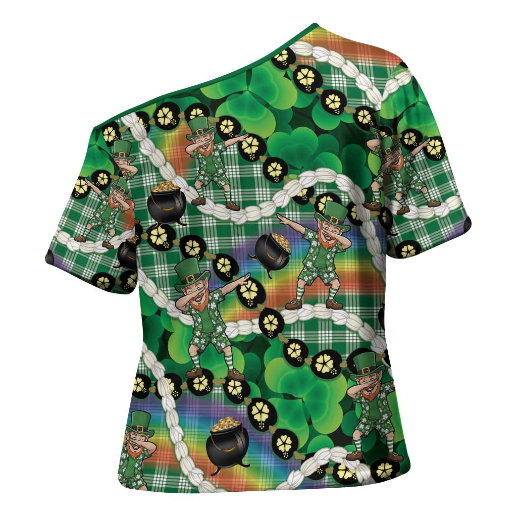 St Patrick's Day Palaka Hawaii Cross Shoulder Shirt Kukui Nut Pikake Lei Shamrock Dabbing Leprechaun LT14 - Polynesian Pride