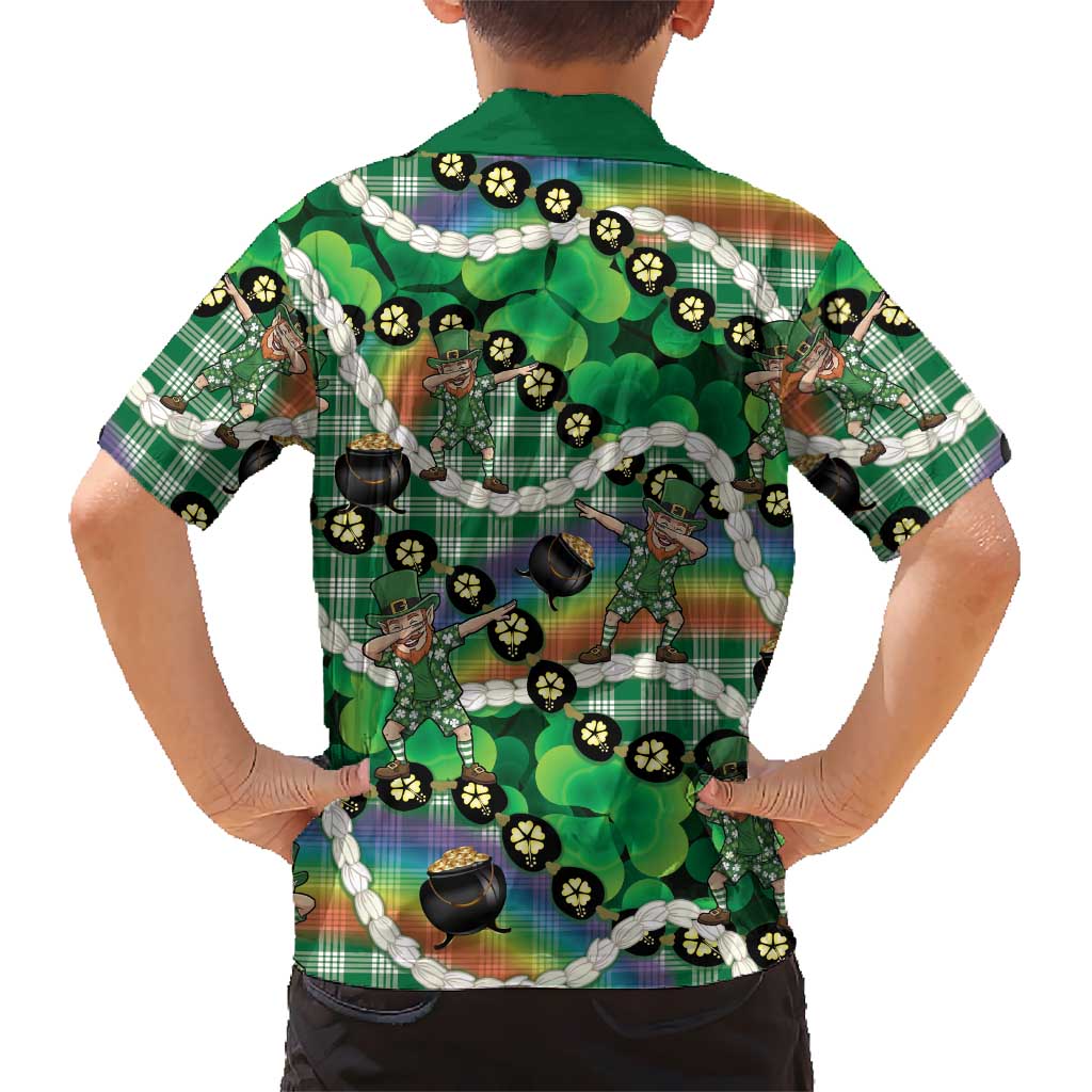 St Patrick's Day Palaka Hawaii Family Matching Long Sleeve Bodycon Dress and Hawaiian Shirt Kukui Nut Pikake Lei Shamrock Dabbing Leprechaun LT14 - Polynesian Pride