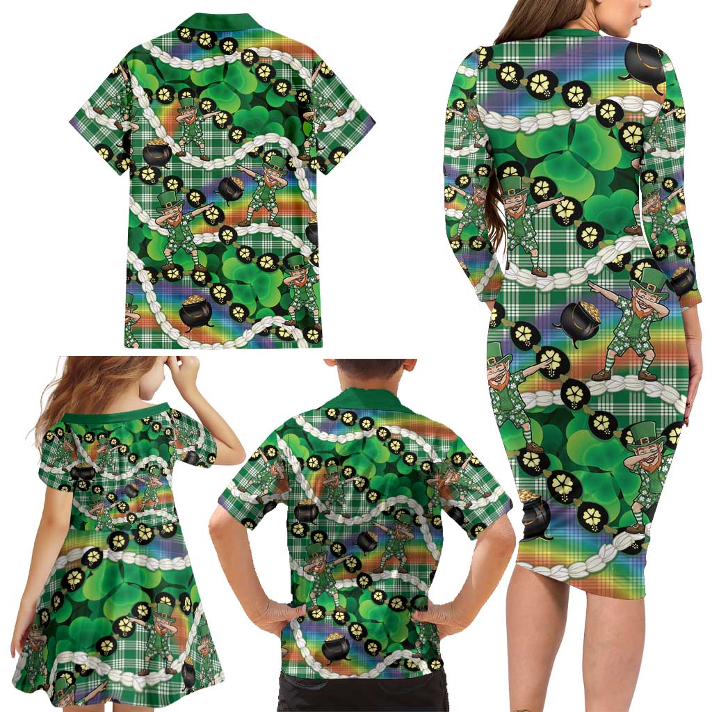 St Patrick's Day Palaka Hawaii Family Matching Long Sleeve Bodycon Dress and Hawaiian Shirt Kukui Nut Pikake Lei Shamrock Dabbing Leprechaun LT14 - Polynesian Pride