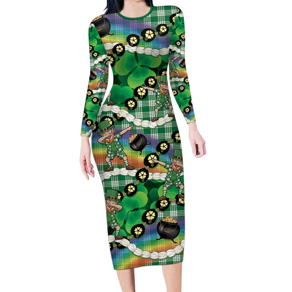 St Patrick's Day Palaka Hawaii Family Matching Long Sleeve Bodycon Dress and Hawaiian Shirt Kukui Nut Pikake Lei Shamrock Dabbing Leprechaun LT14 Mom's Dress Green - Polynesian Pride