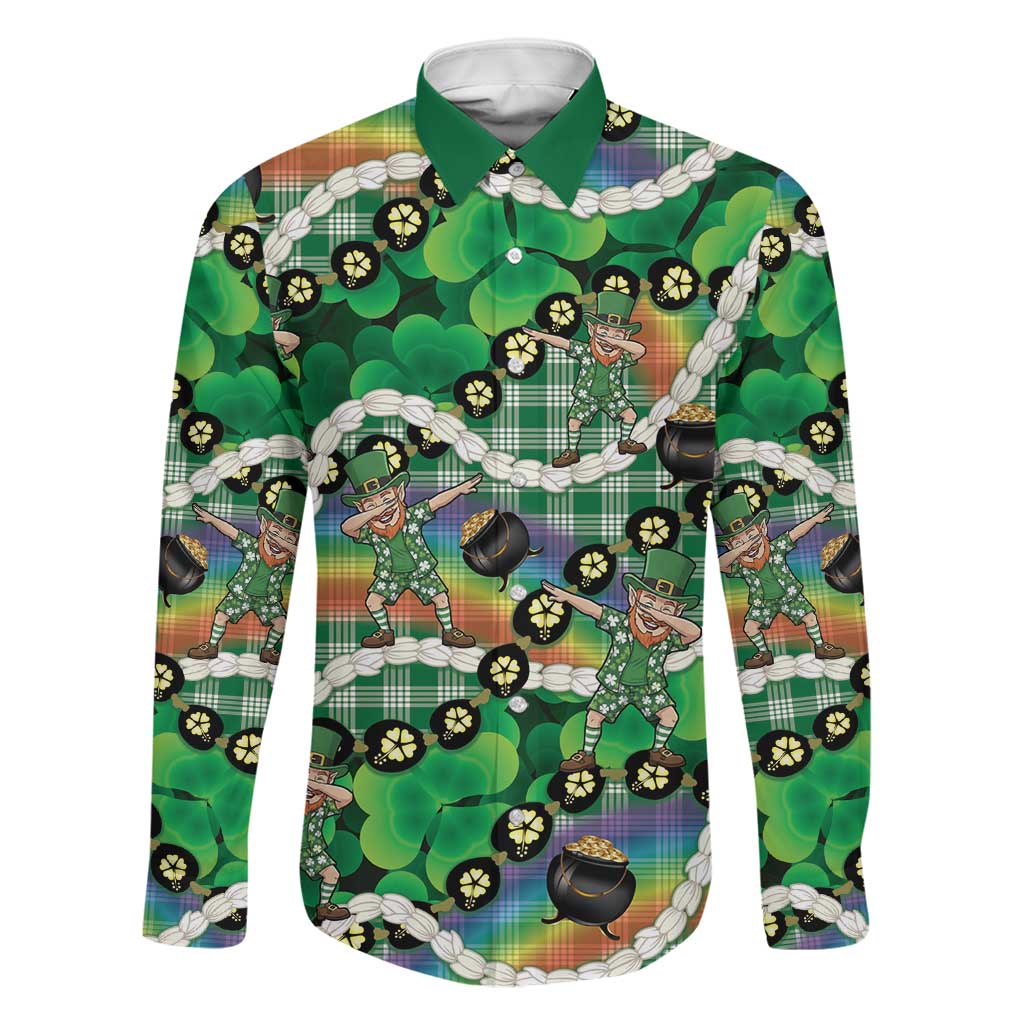 St Patrick's Day Palaka Hawaii Family Matching Mermaid Dress and Hawaiian Shirt Kukui Nut Pikake Lei Shamrock Dabbing Leprechaun LT14 Dad's Shirt - Long Sleeve Green - Polynesian Pride