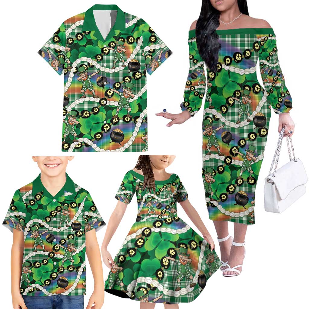 St Patrick's Day Palaka Hawaii Family Matching Off The Shoulder Long Sleeve Dress and Hawaiian Shirt Kukui Nut Pikake Lei Shamrock Dabbing Leprechaun LT14 - Polynesian Pride
