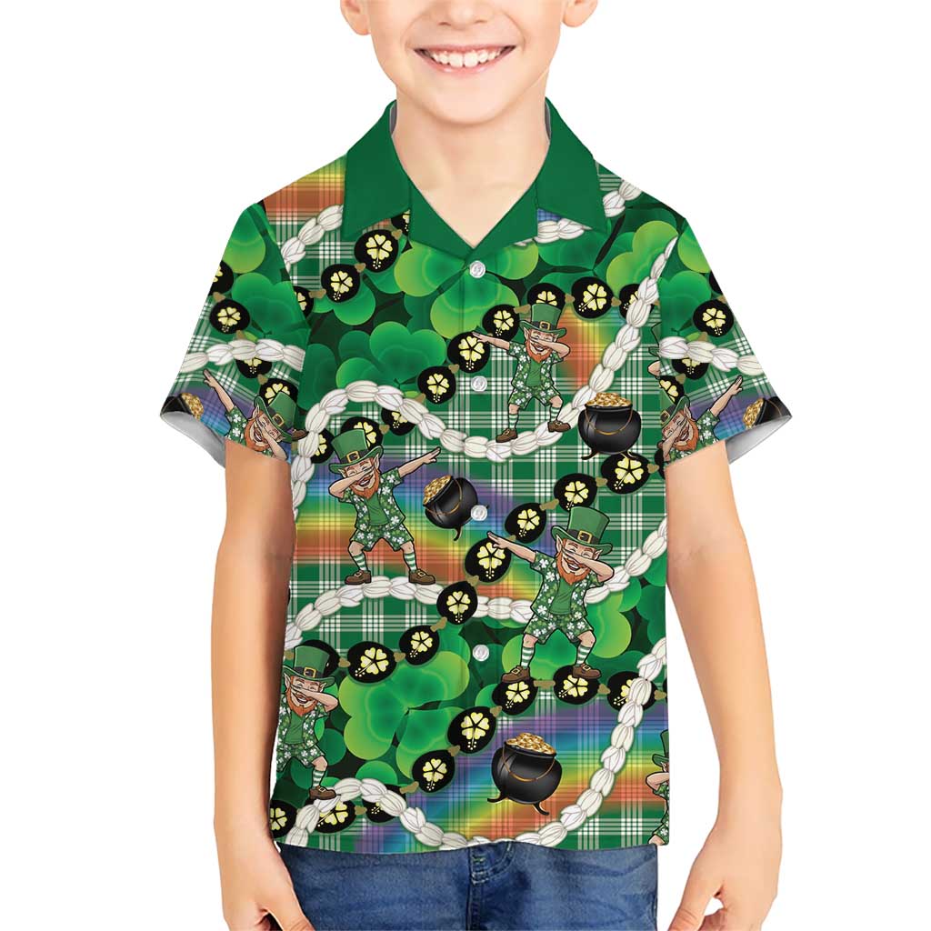 St Patrick's Day Palaka Hawaii Family Matching Off The Shoulder Long Sleeve Dress and Hawaiian Shirt Kukui Nut Pikake Lei Shamrock Dabbing Leprechaun LT14 Son's Shirt Green - Polynesian Pride