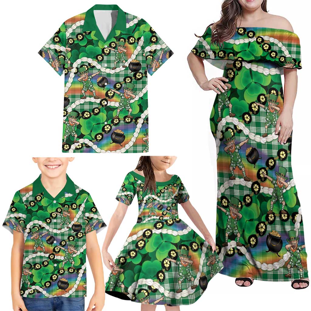 St Patrick's Day Palaka Hawaii Family Matching Off Shoulder Maxi Dress and Hawaiian Shirt Kukui Nut Pikake Lei Shamrock Dabbing Leprechaun