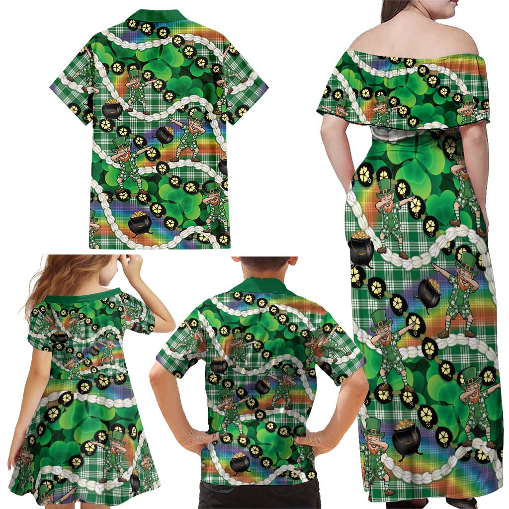 St Patrick's Day Palaka Hawaii Family Matching Off Shoulder Maxi Dress and Hawaiian Shirt Kukui Nut Pikake Lei Shamrock Dabbing Leprechaun LT14 - Polynesian Pride