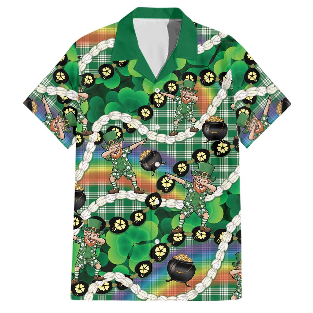 St Patrick's Day Palaka Hawaii Family Matching Off Shoulder Maxi Dress and Hawaiian Shirt Kukui Nut Pikake Lei Shamrock Dabbing Leprechaun LT14 Dad's Shirt - Short Sleeve Green - Polynesian Pride