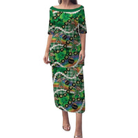 St Patrick's Day Palaka Hawaii Family Matching Puletasi and Hawaiian Shirt Kukui Nut Pikake Lei Shamrock Dabbing Leprechaun LT14 Mom's Dress Green - Polynesian Pride