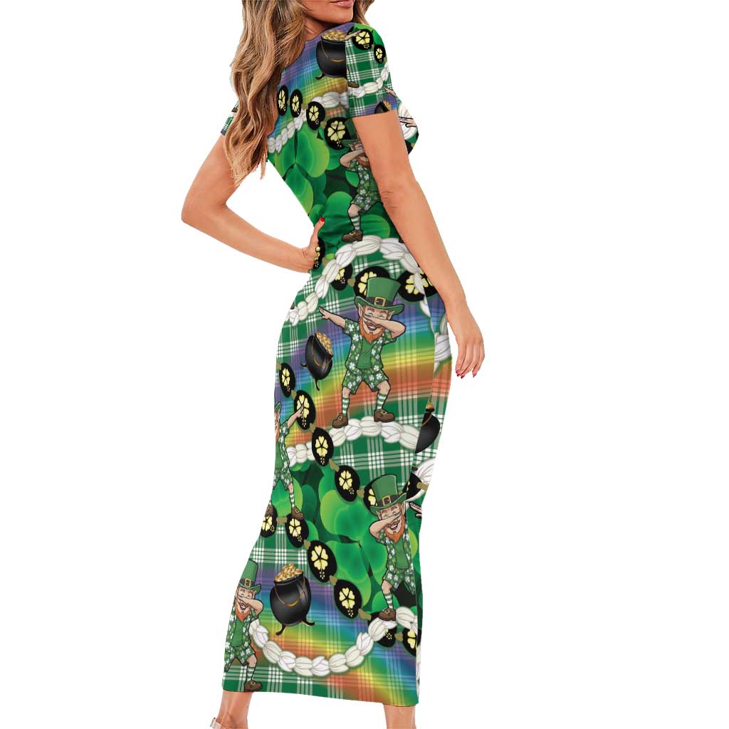 St Patrick's Day Palaka Hawaii Family Matching Short Sleeve Bodycon Dress and Hawaiian Shirt Kukui Nut Pikake Lei Shamrock Dabbing Leprechaun LT14 - Polynesian Pride