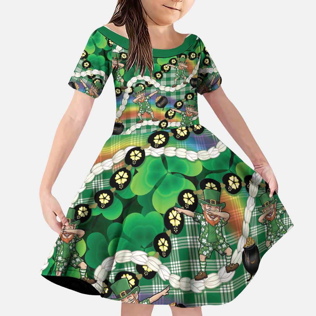 St Patrick's Day Palaka Hawaii Family Matching Tank Maxi Dress and Hawaiian Shirt Kukui Nut Pikake Lei Shamrock Dabbing Leprechaun LT14 Daughter's Dress Green - Polynesian Pride