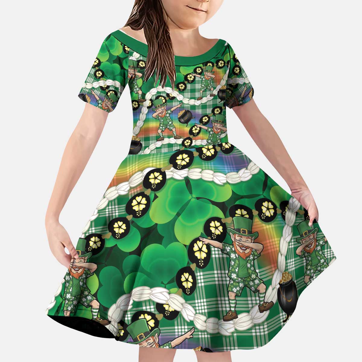 St Patrick's Day Palaka Hawaii Kid Short Sleeve Dress Kukui Nut Pikake Lei Shamrock Dabbing Leprechaun LT14 KID Green - Polynesian Pride